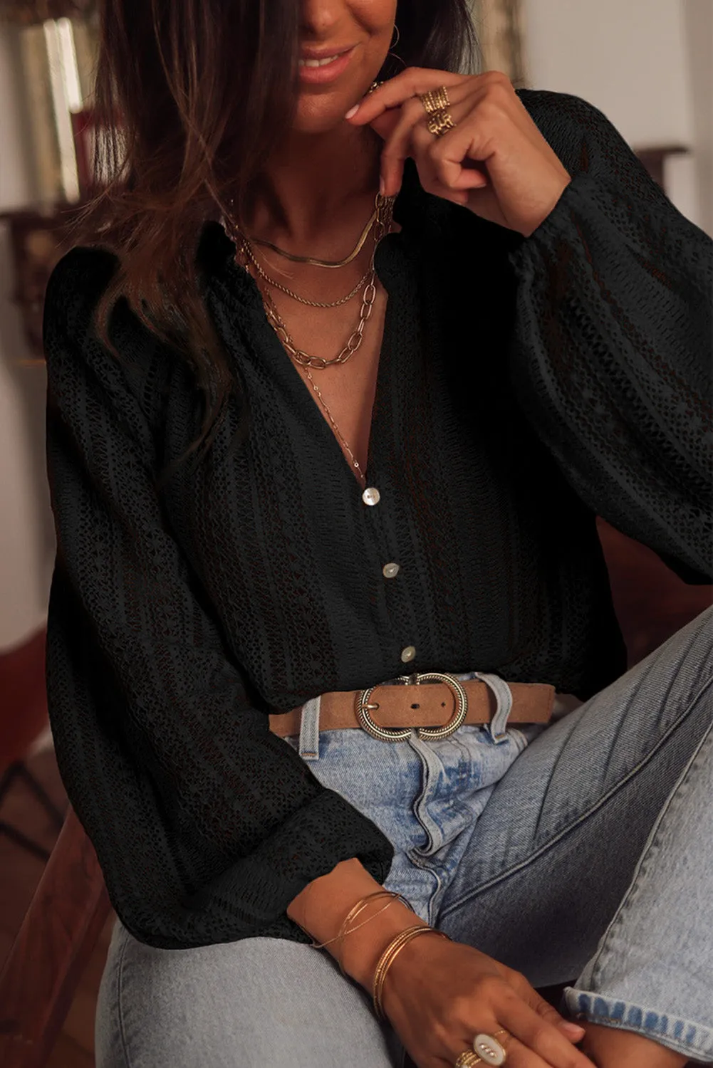 V-Neck Long Sleeve Button Up Lace Shirt