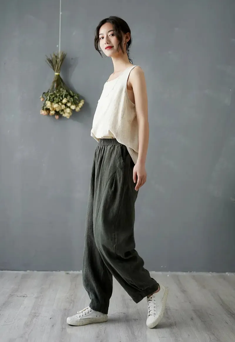 Vintage Summer Ginger Linen Tapered Women's Pants for Casual Wear