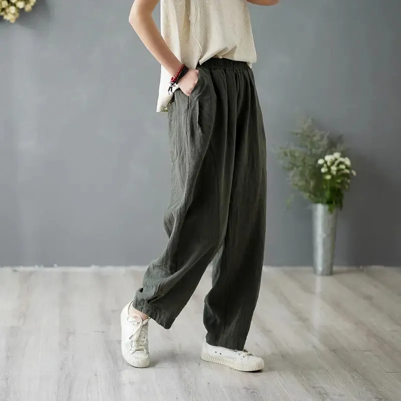 Vintage Summer Ginger Linen Tapered Women's Pants for Casual Wear