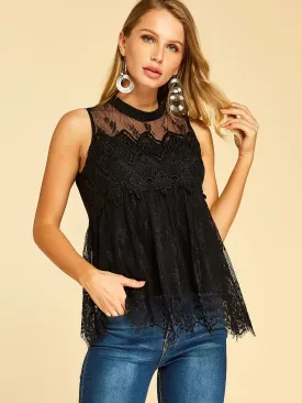 Wholesale Round Neck Plain Lace Sleeveless Black Blouses