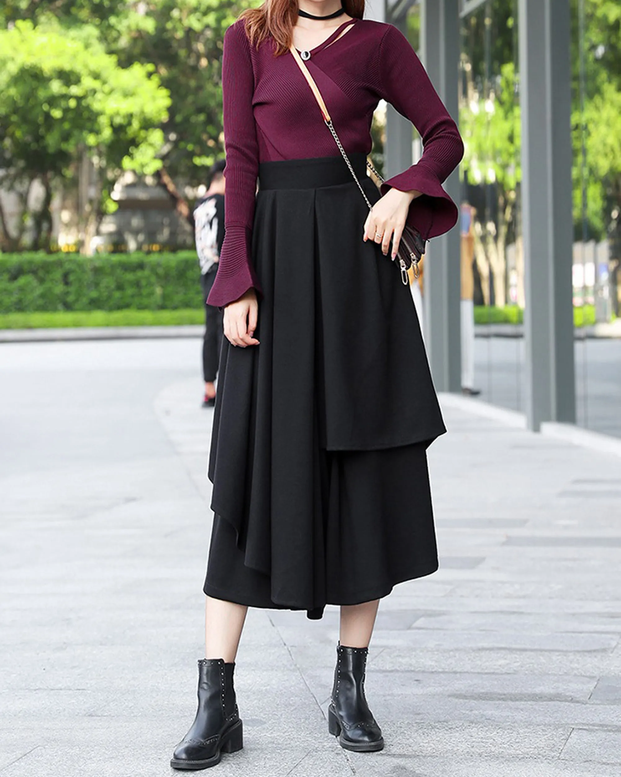 wide leg pants, wool skirt pants, womens black trousers, pants with pocket, winter pants(K1909)