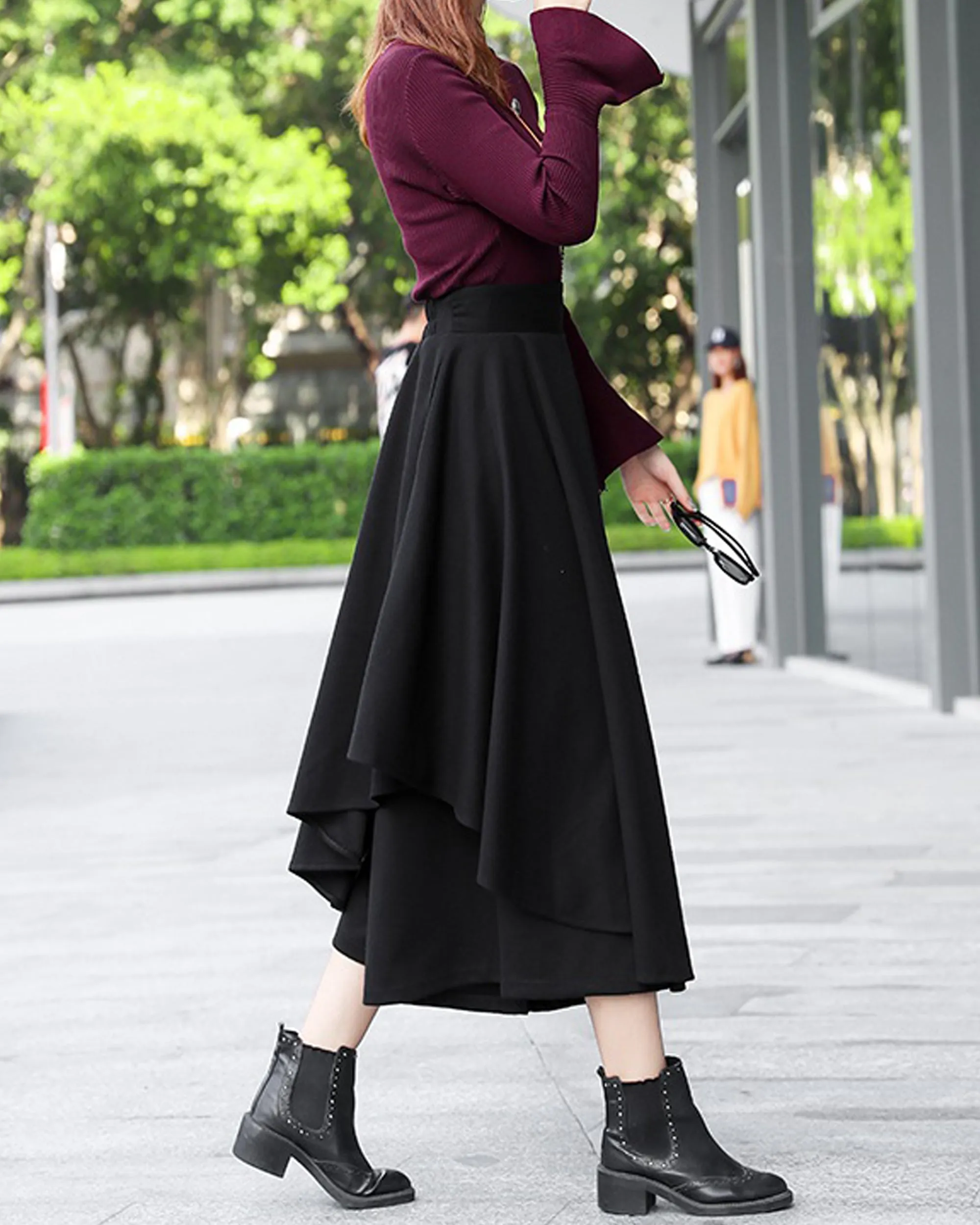 wide leg pants, wool skirt pants, womens black trousers, pants with pocket, winter pants(K1909)