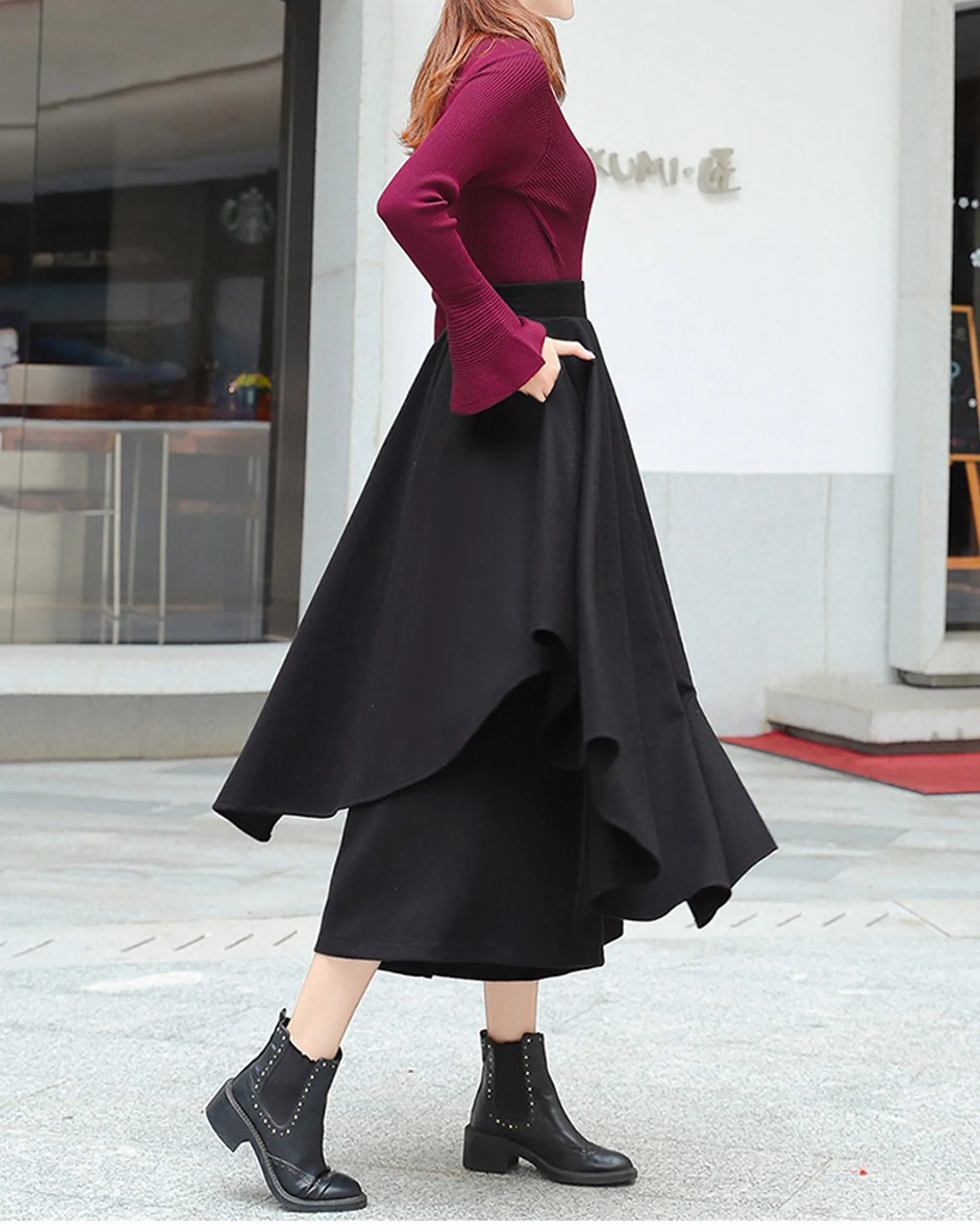 wide leg pants, wool skirt pants, womens black trousers, pants with pocket, winter pants(K1909)