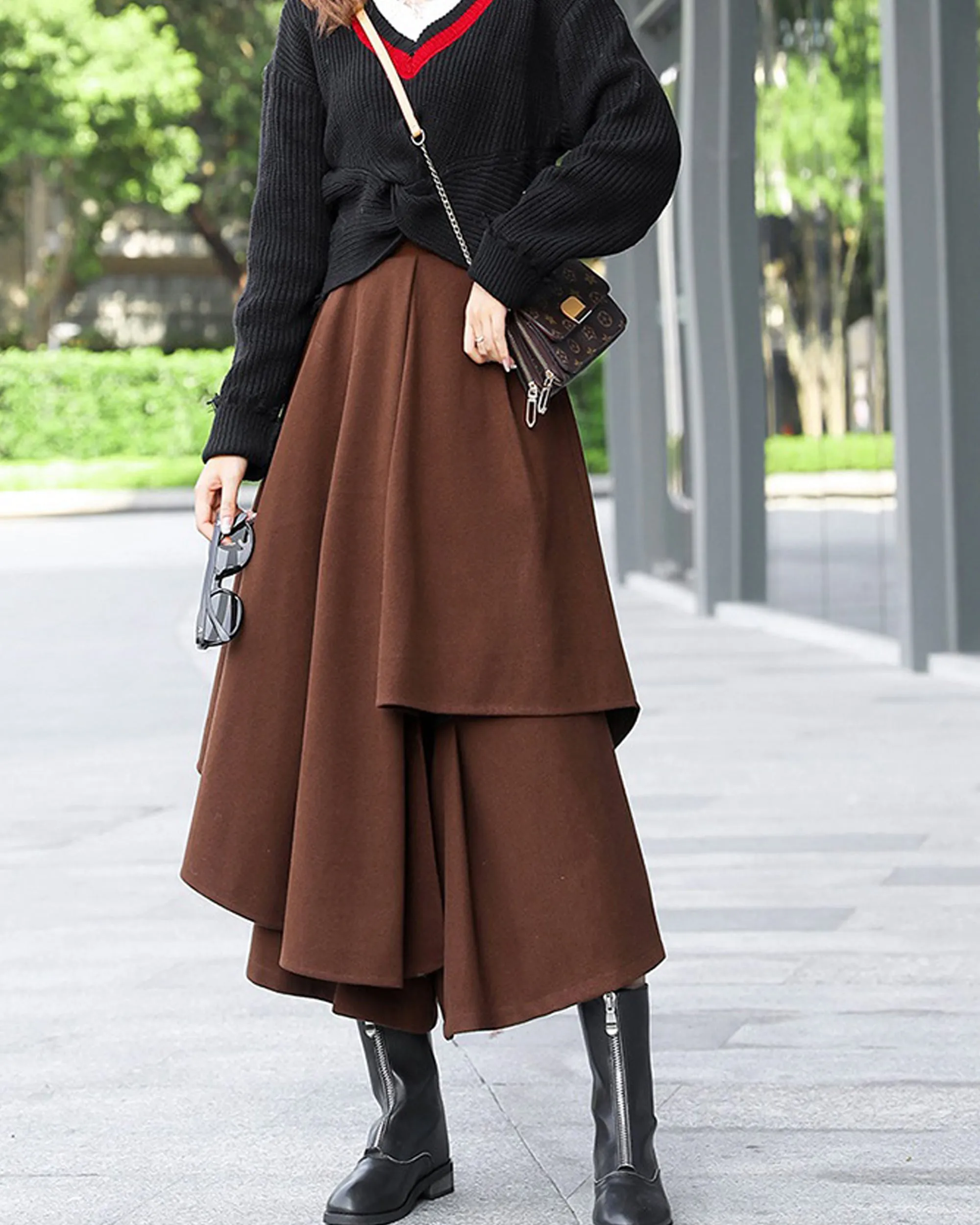 wide leg pants, wool skirt pants, womens black trousers, pants with pocket, winter pants(K1909)