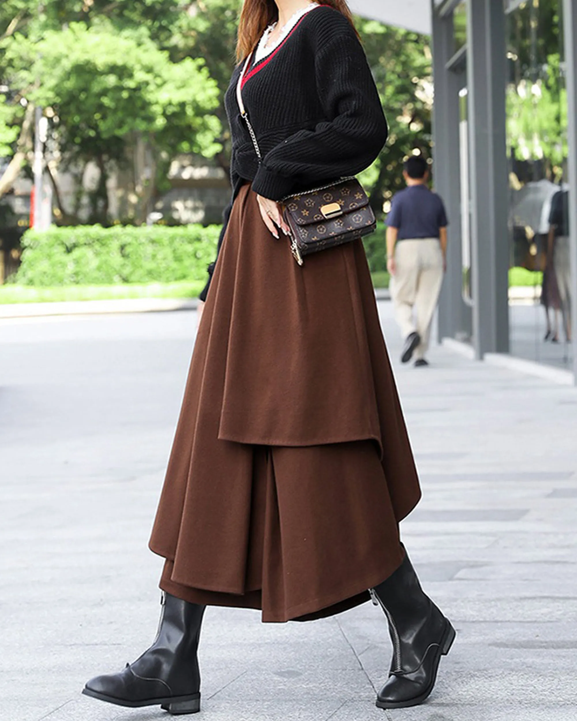 wide leg pants, wool skirt pants, womens black trousers, pants with pocket, winter pants(K1909)