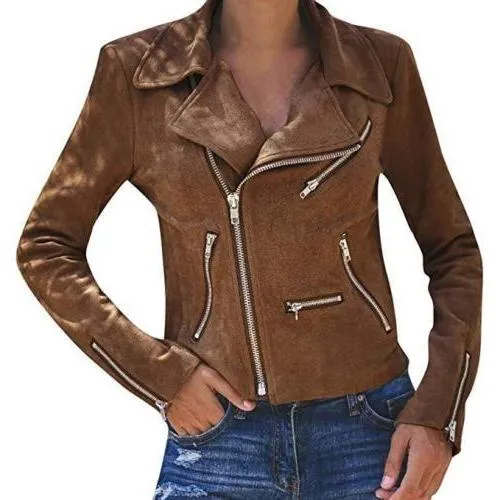 Women turn down collar zippers cropped coats and jackets