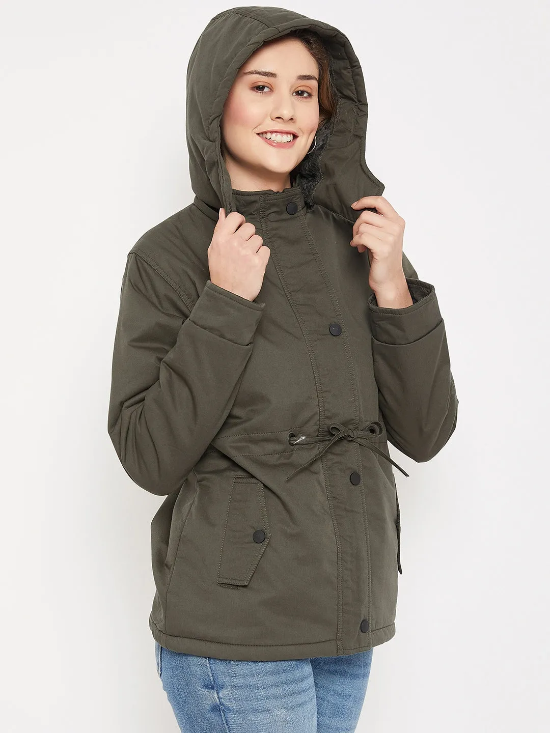 Women's Casual  Olive Green Non quilted Detachable Hood lined with Soft Faux Fur Jacket