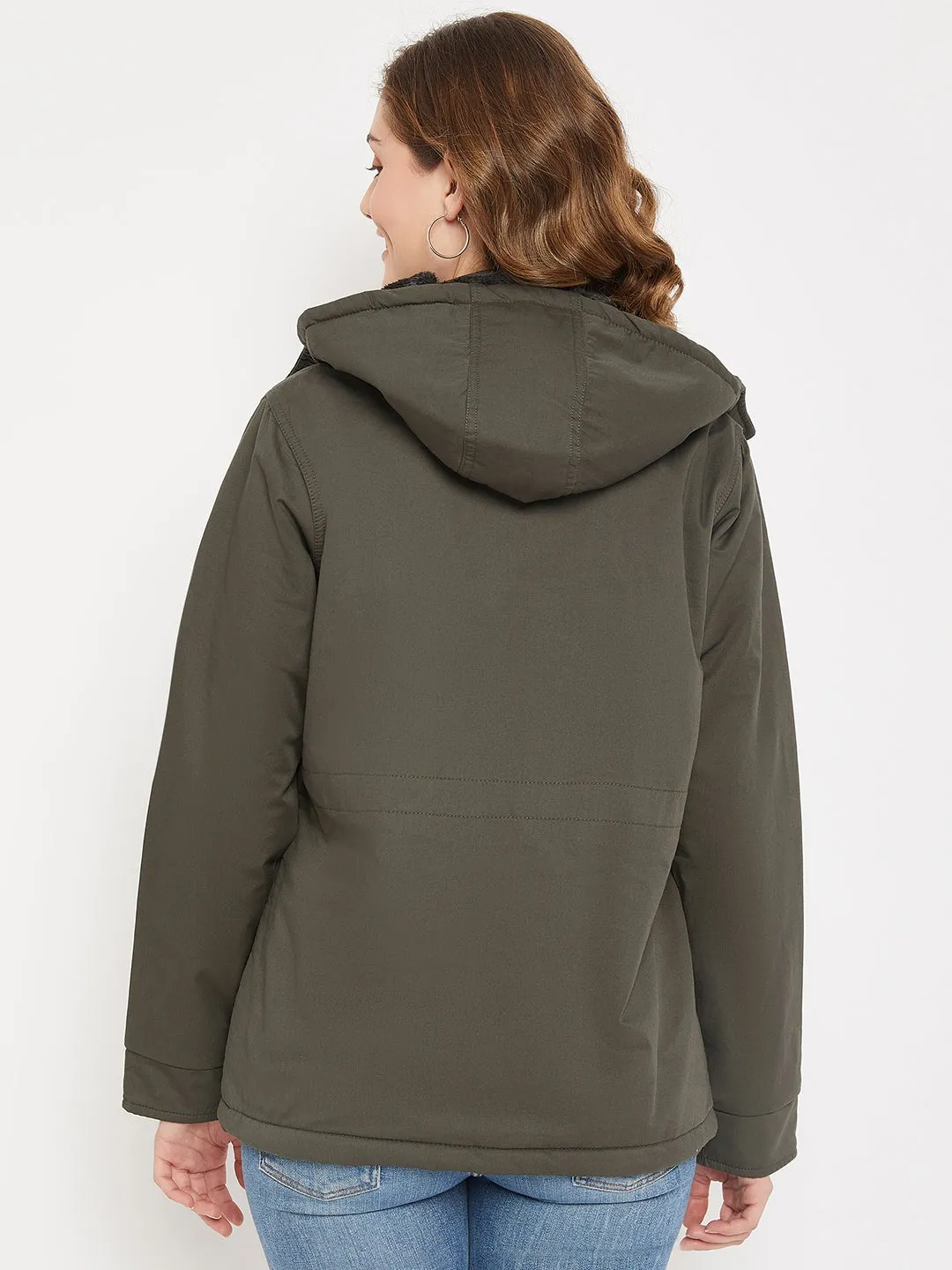 Women's Casual  Olive Green Non quilted Detachable Hood lined with Soft Faux Fur Jacket