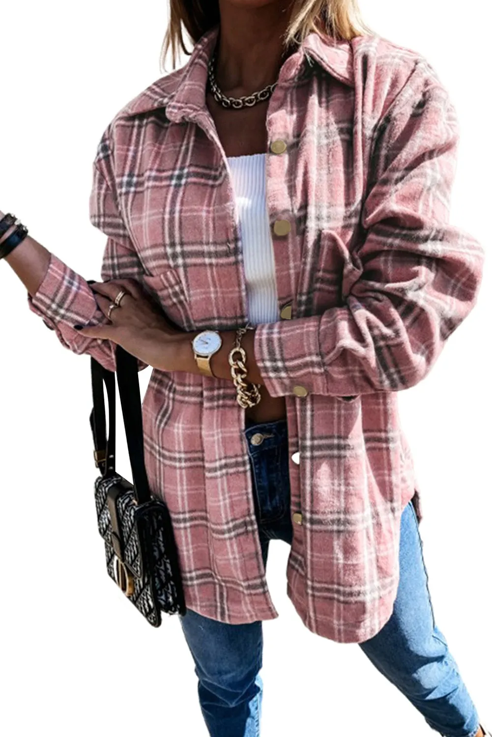 Womens Casual Plaid Shacket Button Down Shirts Coats