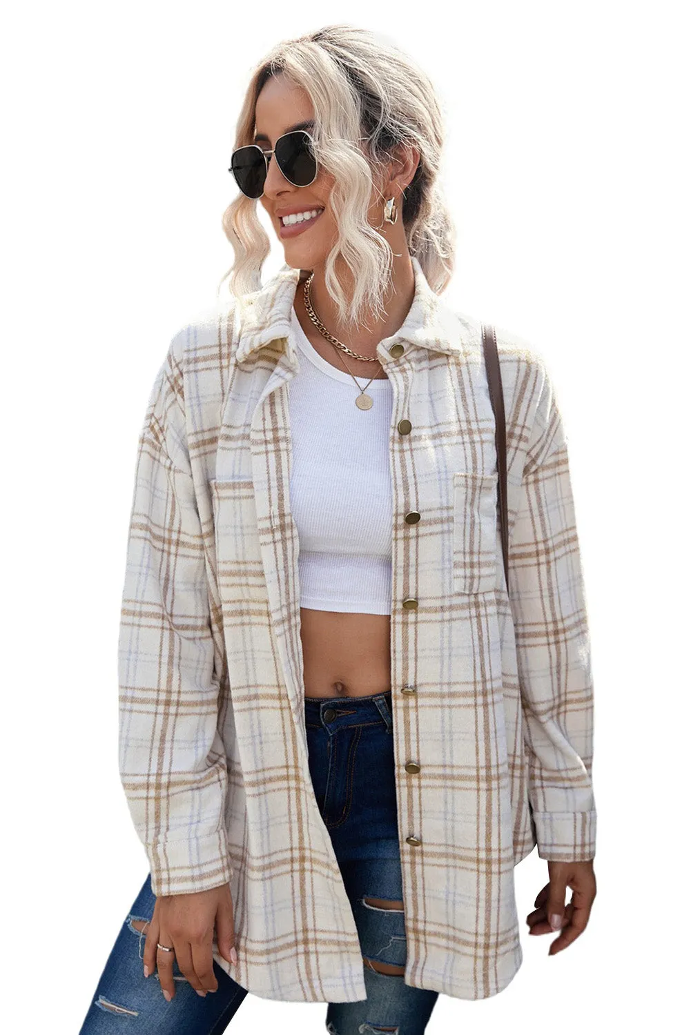 Womens Casual Plaid Shacket Button Down Shirts Coats