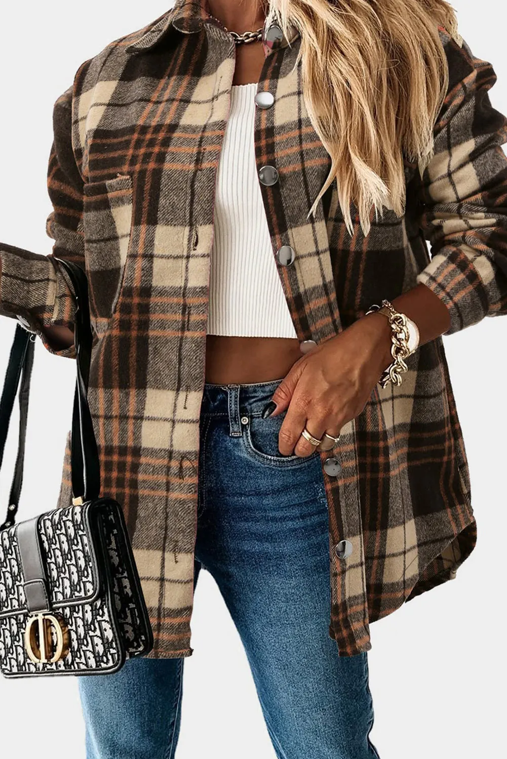 Womens Casual Plaid Shacket Button Down Shirts Coats