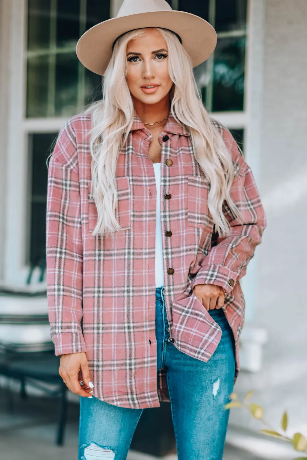 Womens Casual Plaid Shacket Button Down Shirts Coats