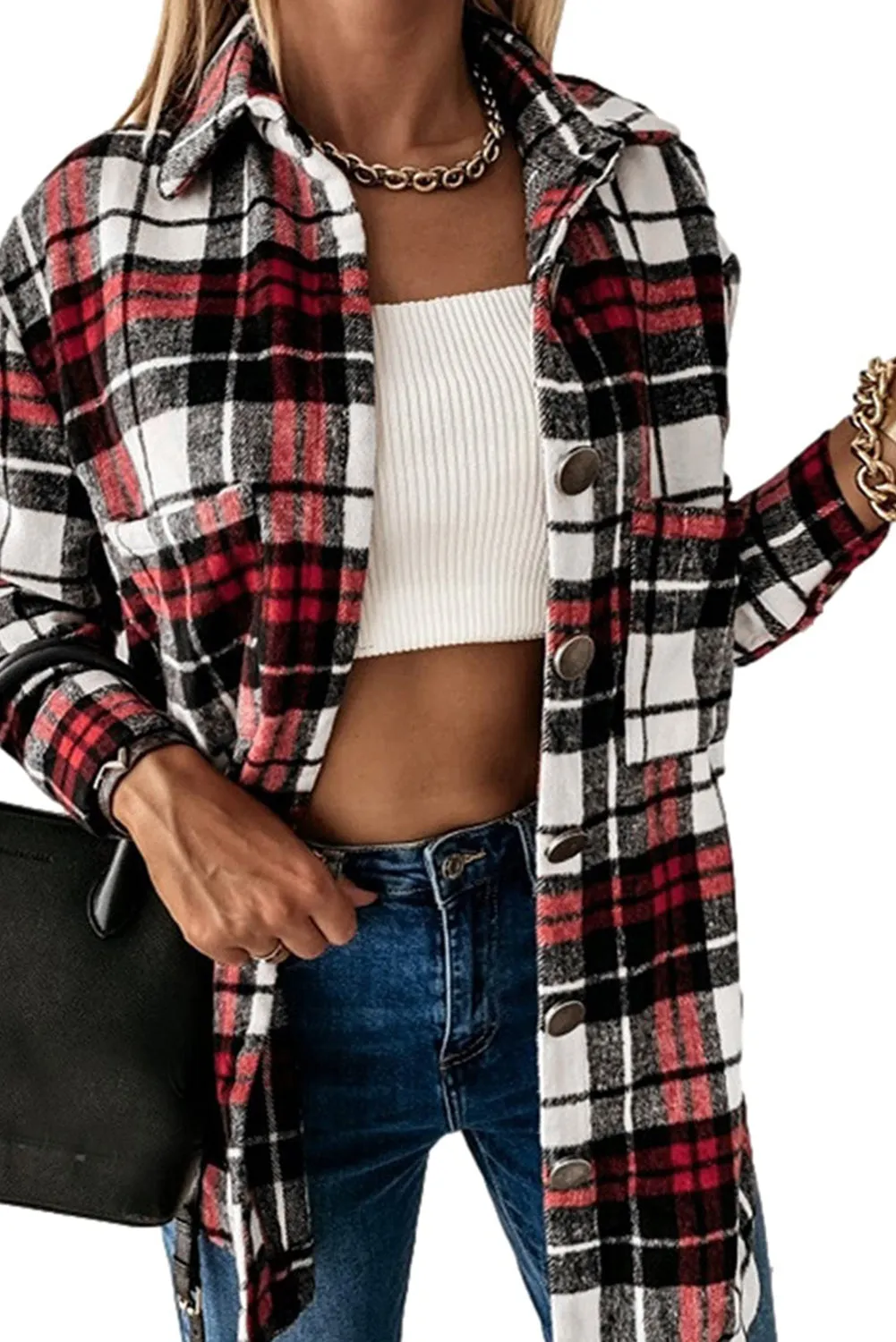 Womens Casual Plaid Shacket Button Down Shirts Coats