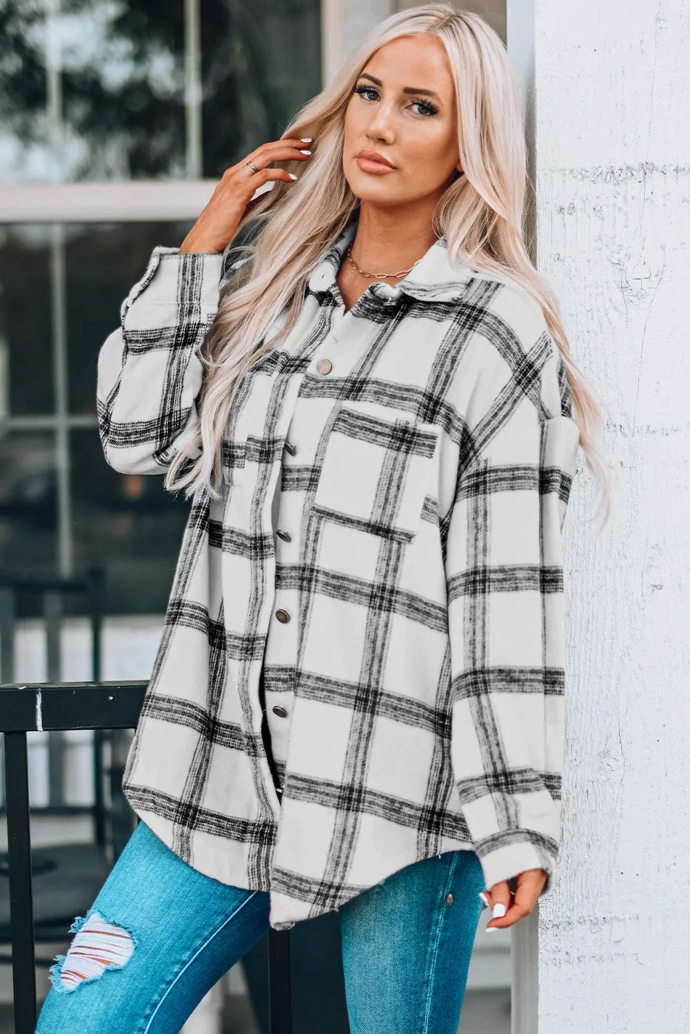 Womens Casual Plaid Shacket Button Down Shirts Coats