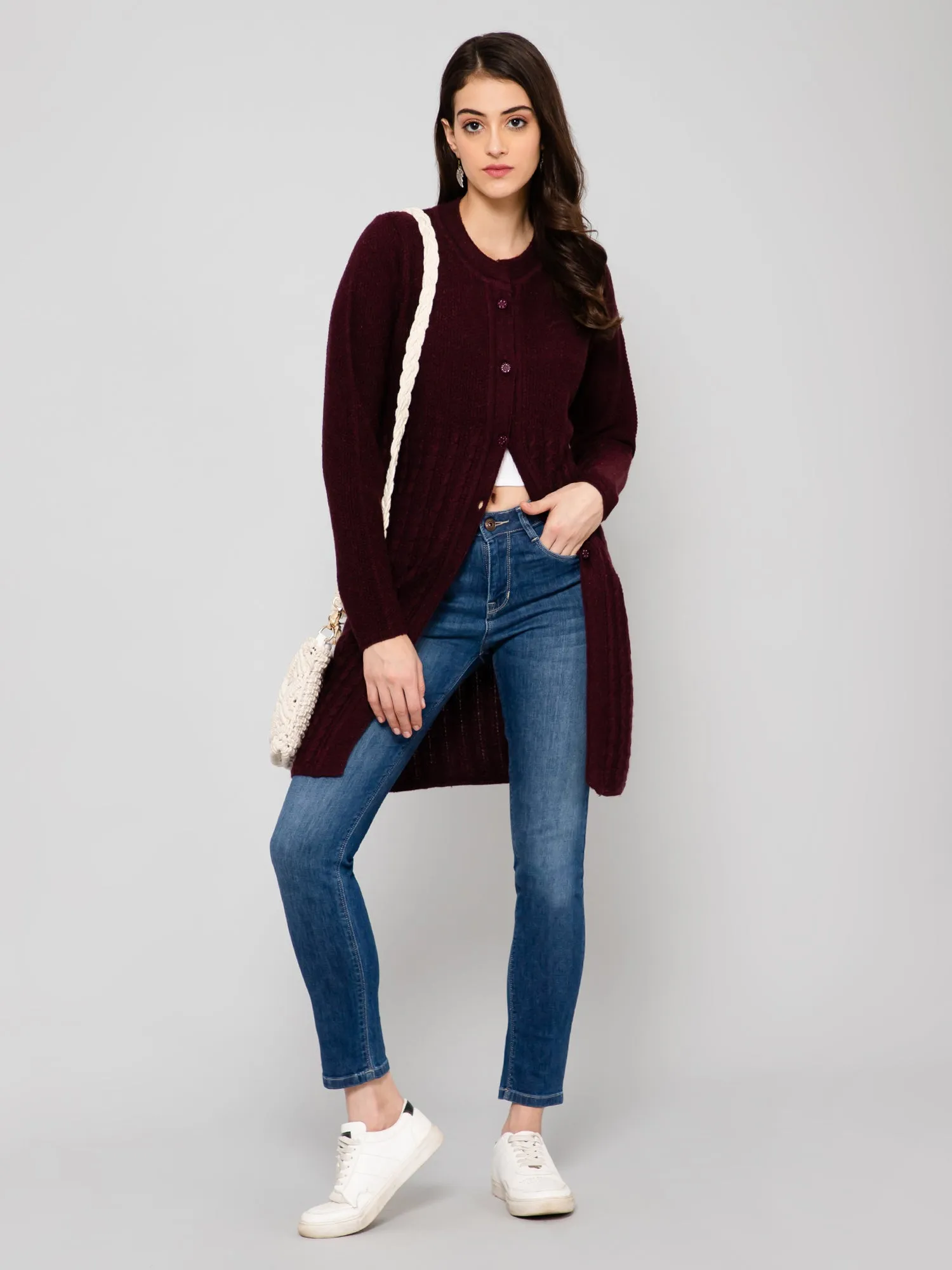 Women's Casual  Wine Round neck Cardigan Sweater