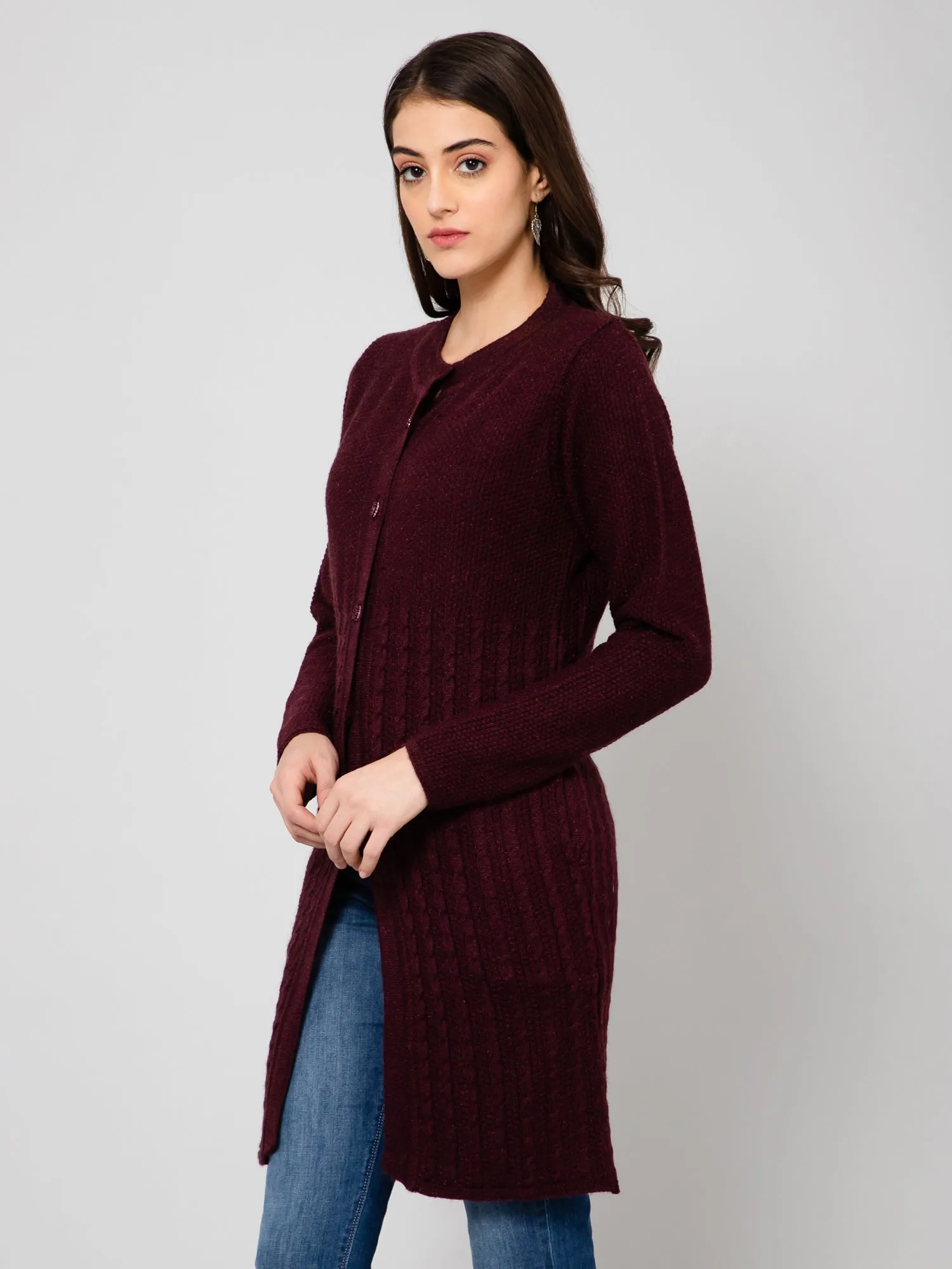 Women's Casual  Wine Round neck Cardigan Sweater