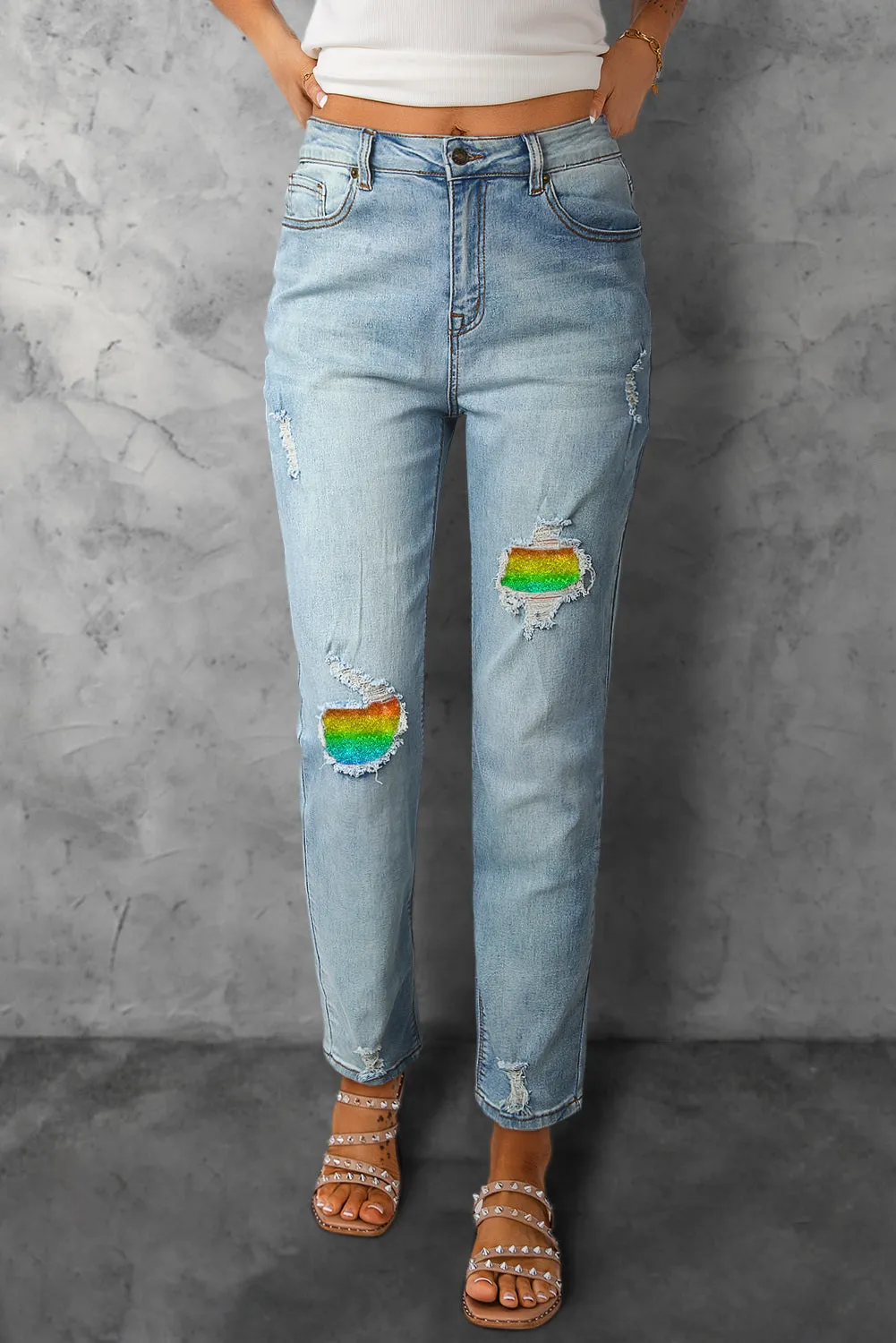 Womens Rainbow Jeans Patch Ripped Boyfriend Distressed Denim Pants