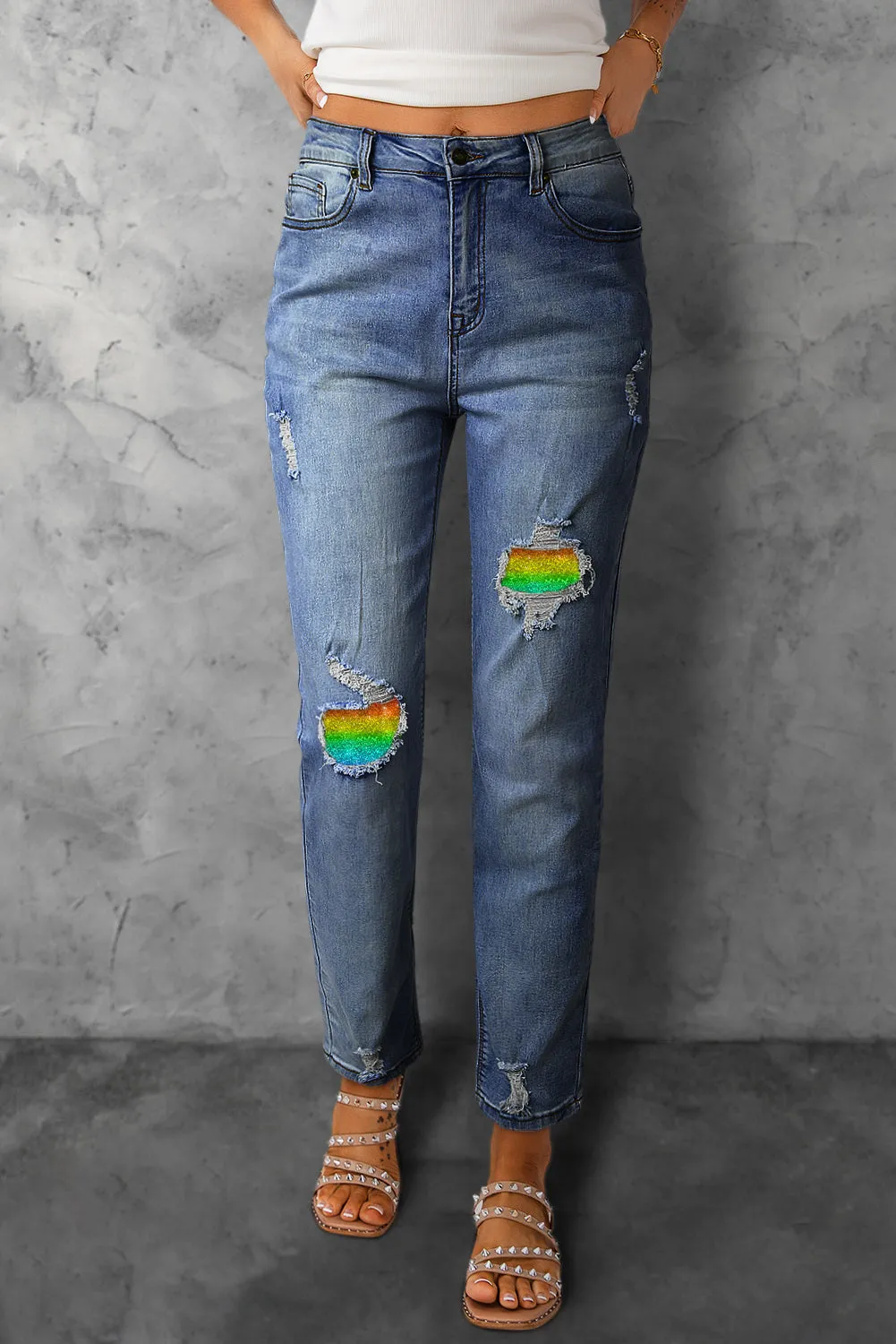 Womens Rainbow Jeans Patch Ripped Boyfriend Distressed Denim Pants