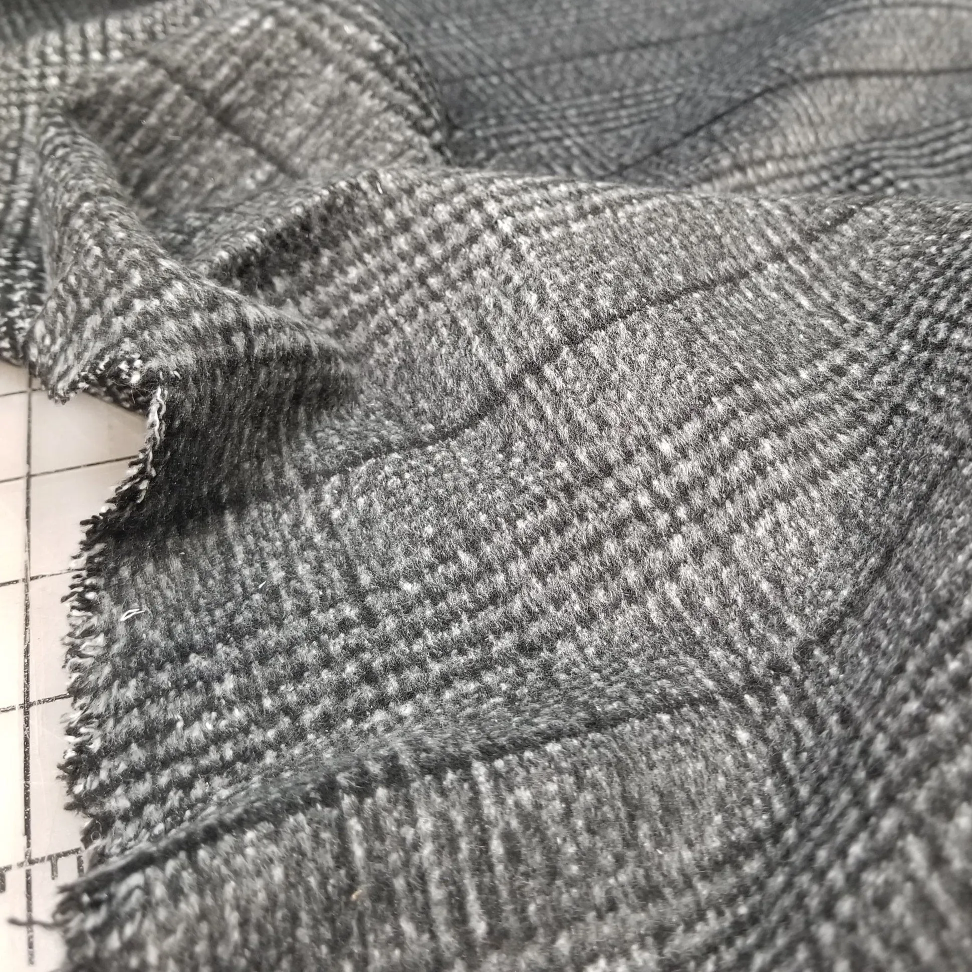 Wool Blend Melton Brushed Charcoal and Black Glen Plaid Reverse Woven-Sold by the yard