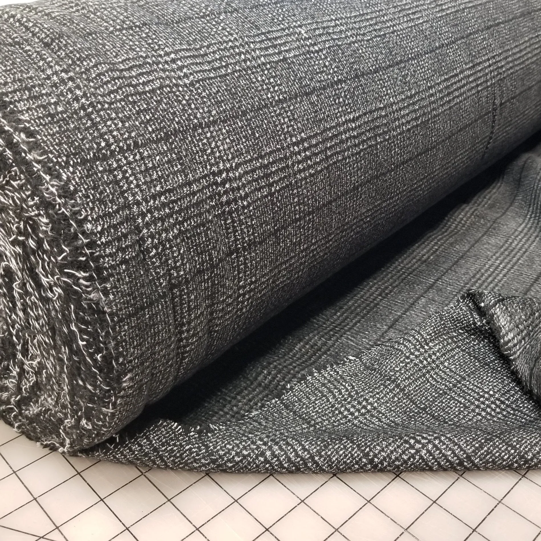 Wool Blend Melton Brushed Charcoal and Black Glen Plaid Reverse Woven-Sold by the yard