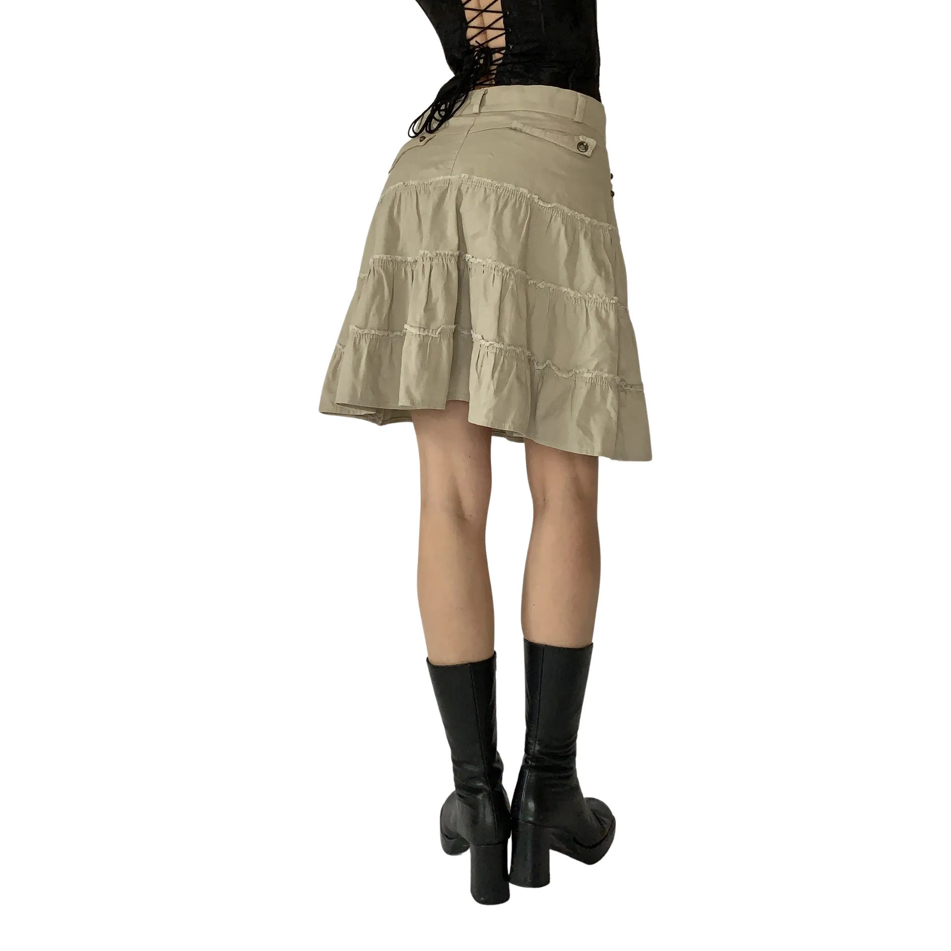 Y2K Khaki Ruffle Skirt (S)