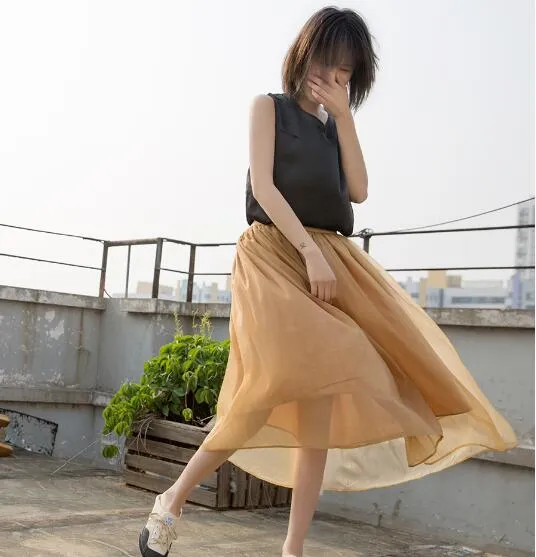 Yellow Women's Skirts Summer Organza Skirt Elastic Waist